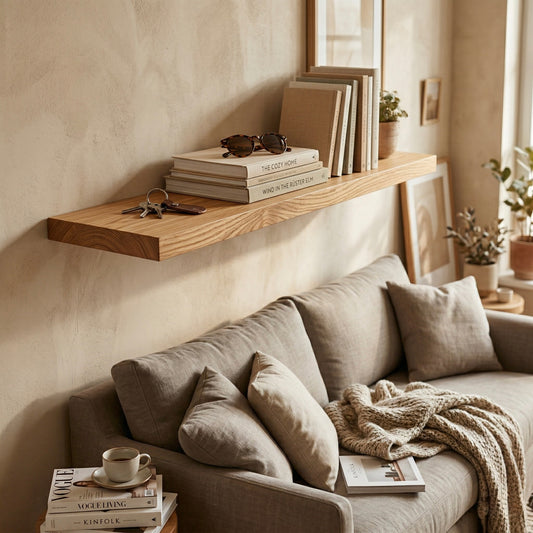 Schwebendes Wandregal aus Rüster mit Büchern und Dekoration über einem Sofa in warmem, wohnlichem Ambiente