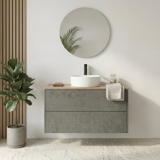 Waschtisch Linea Balance Duo aus Eiche mit zwei Schubladen und Aufsatzwaschbecken, minimalistische Frontansicht im modernen Badezimmer