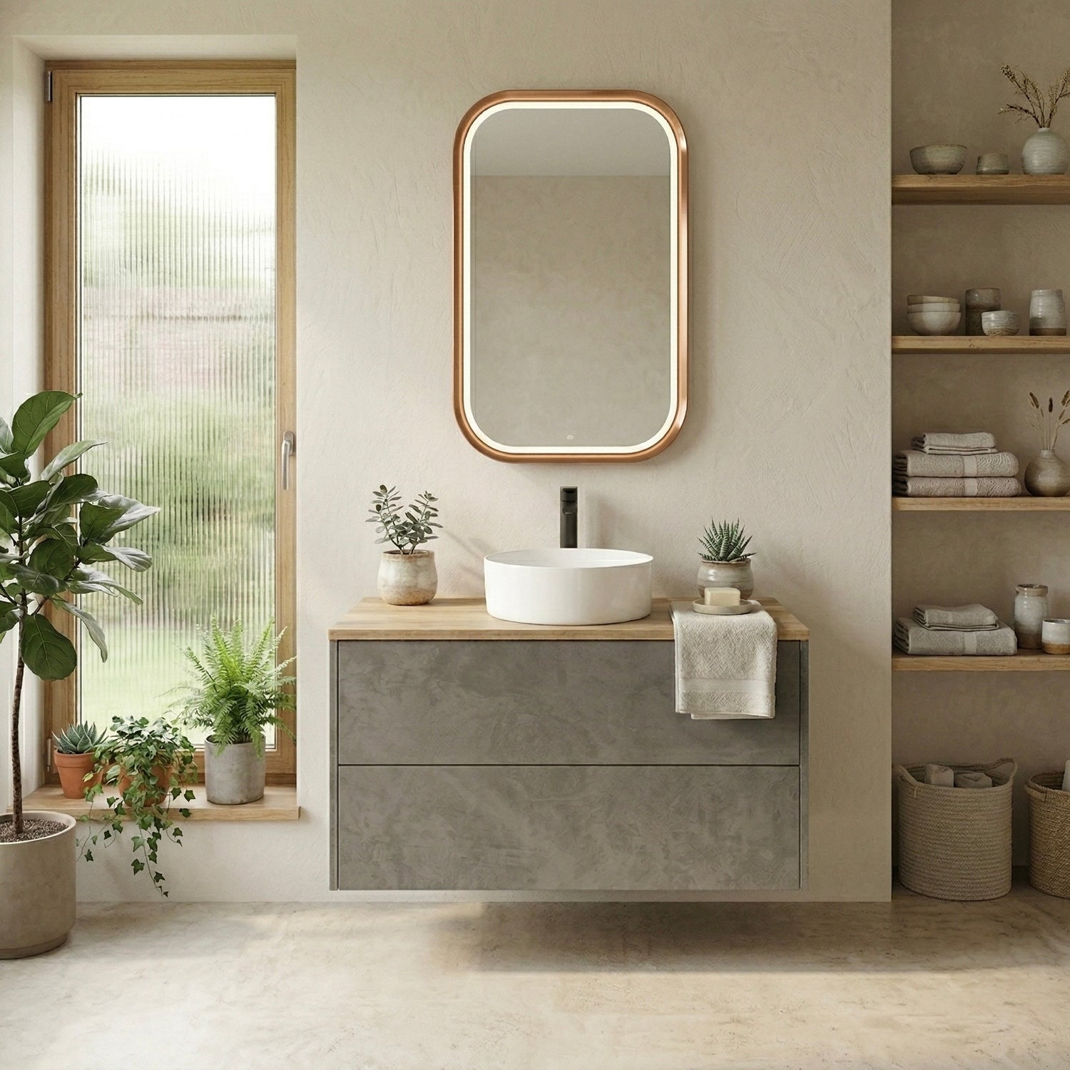 Linea Balance Duo Waschtisch mit Eichenholzplatte, Aufsatzwaschbecken und zwei grifflosen Schubladen