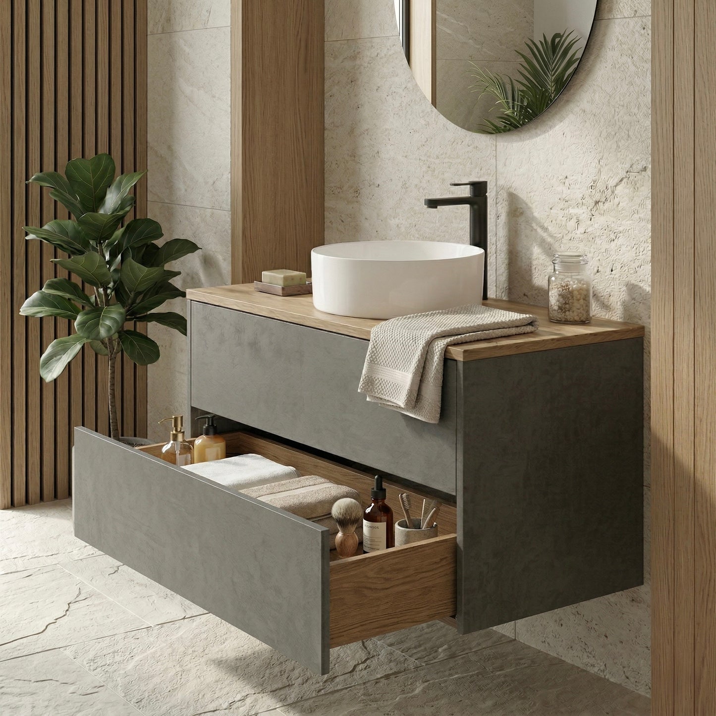 Seitliche Ansicht des Waschtischs Linea Balance Duo aus Eiche mit geöffneter Schublade und Stauraum im modernen Badezimmer