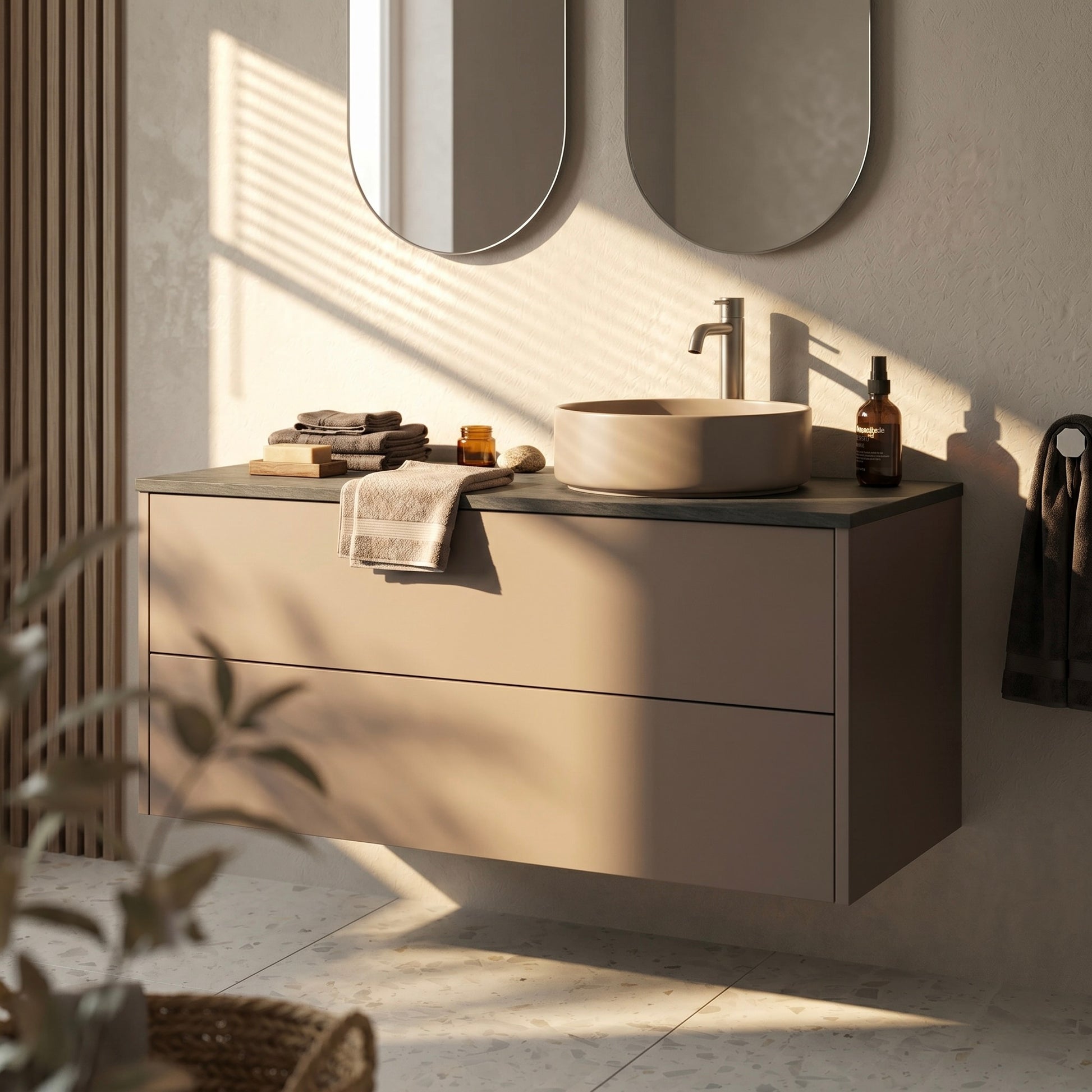 Waschtisch Linea Duo Slim mit zwei Schubladen und Aufsatzwaschbecken in warmer Lichtstimmung, seitliche Perspektive im modernen Badezimmer