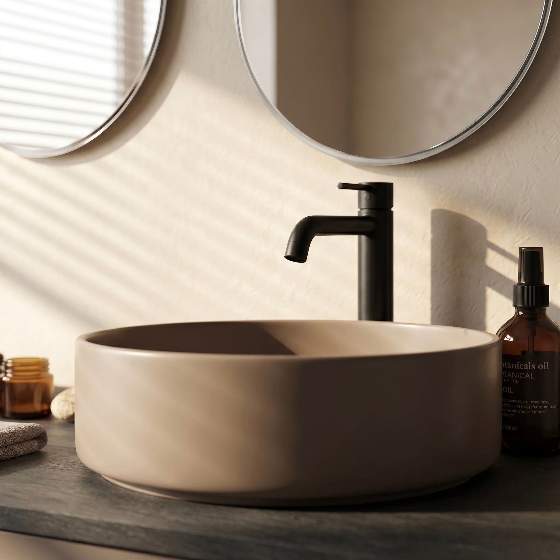 Detailaufnahme des Aufsatzwaschbeckens auf dem Waschtisch Linea Duo Slim mit Armatur und warmem Lichtspiel im Badezimmer