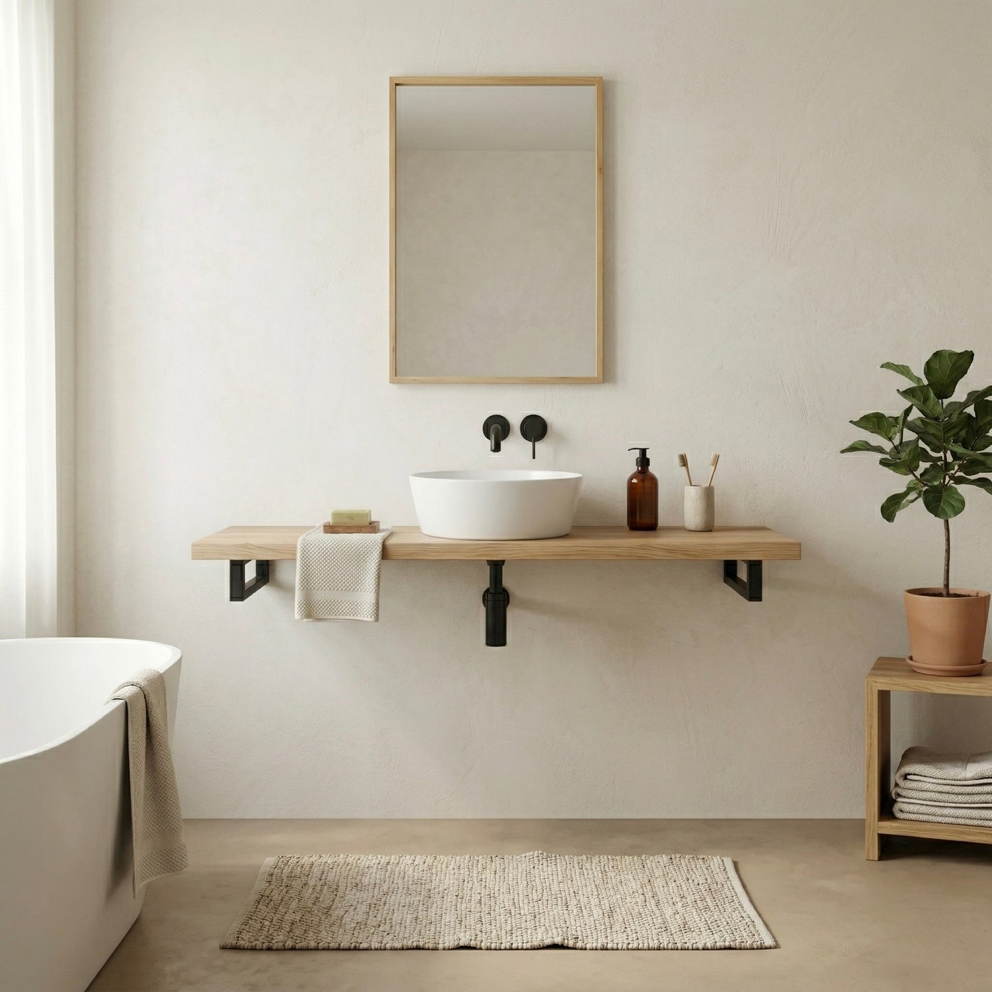 Wandhängender Waschtisch Linea Loft Solo aus massiver Eiche mit schwarzer Metallkonsole, rundem Aufsatzwaschbecken und minimalistischem Badezimmer in warmen Naturtönen