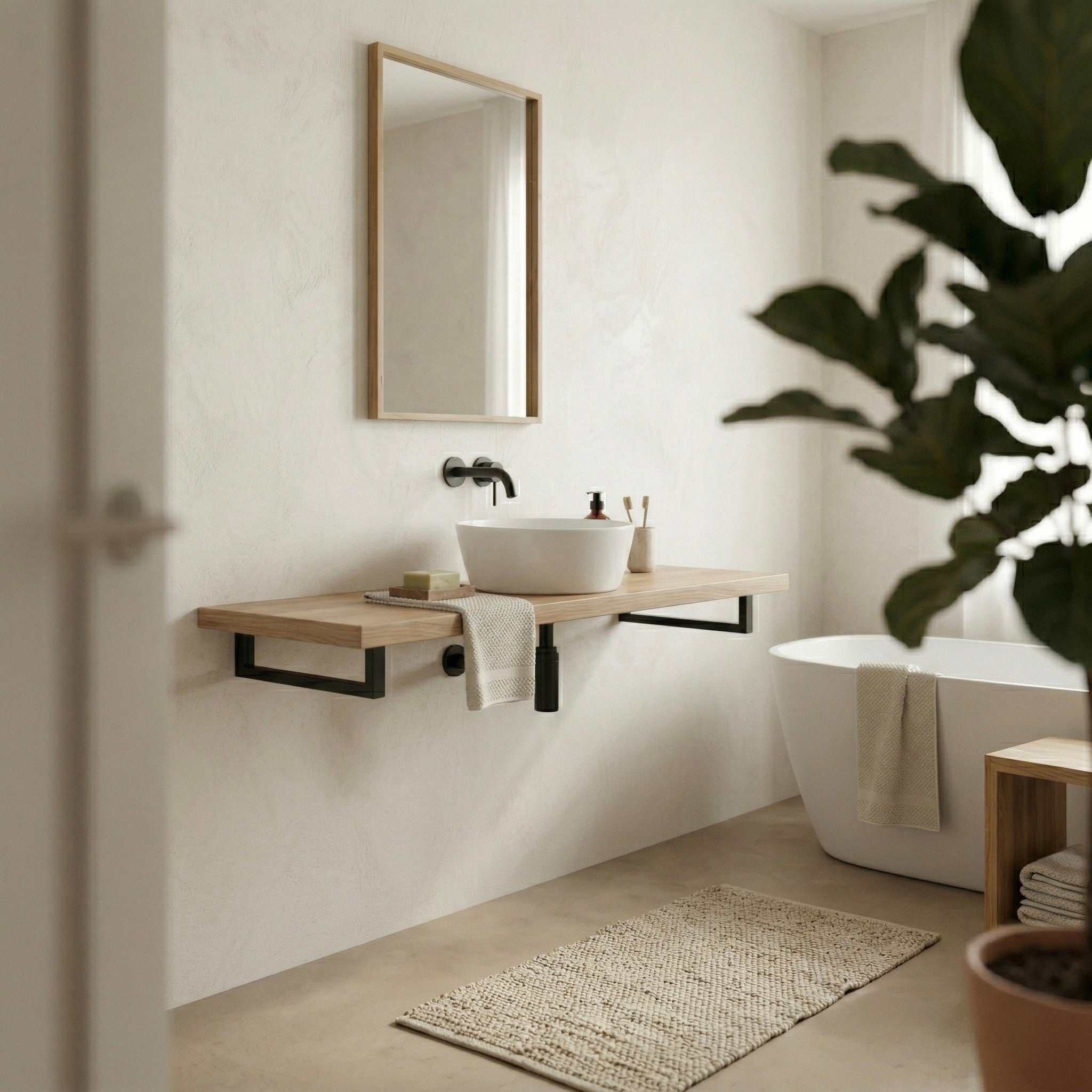 Wandhängender Waschtisch Linea Loft Solo aus Eiche mit schwarzer Metallkonsole, weißem Aufsatzwaschbecken und Spiegel in hellem Badezimmer mit Badewanne, Teppich und Pflanze