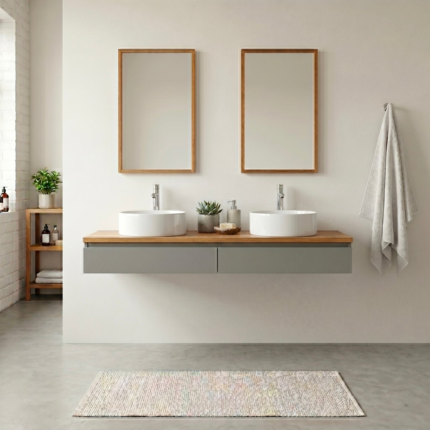 Wandhängender Doppelwaschtisch Linea Soft Duo aus Eiche mit zwei weißen Aufsatzwaschbecken, Unterschrank und zwei Spiegeln in modernem Badezimmer