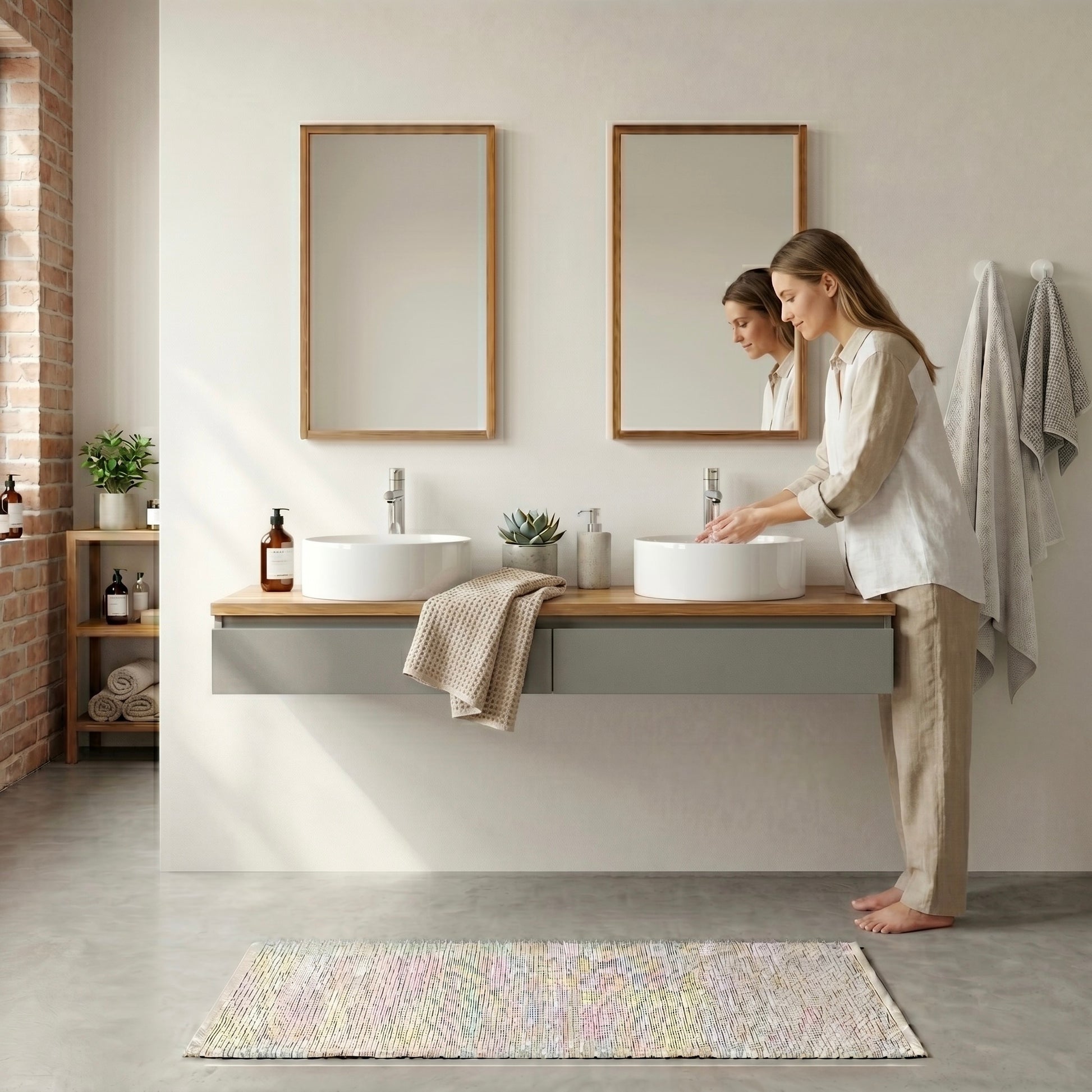 Wandhängender Doppelwaschtisch Linea Soft Duo aus Eiche mit zwei weißen Aufsatzwaschbecken, Person bei der Nutzung im modernen Badezimmer mit zwei Spiegeln