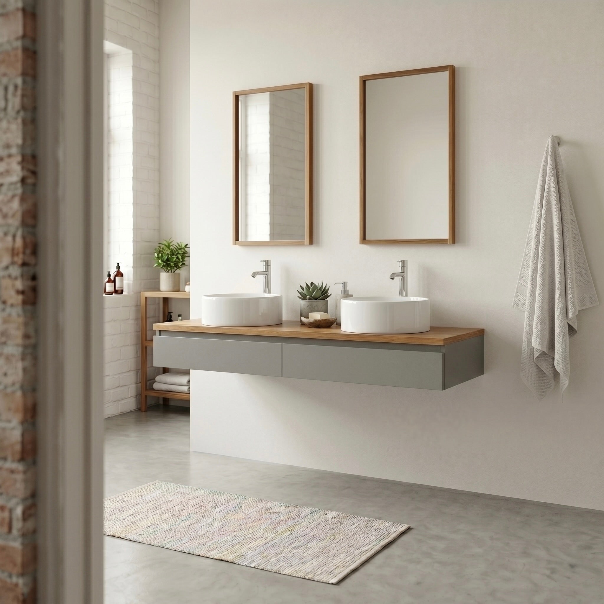 Wandhängender Doppelwaschtisch Linea Soft Duo aus Eiche mit zwei weißen Aufsatzwaschbecken und Unterschrank, seitliche Perspektive im hellen Badezimmer mit Spiegeln und Handtuch