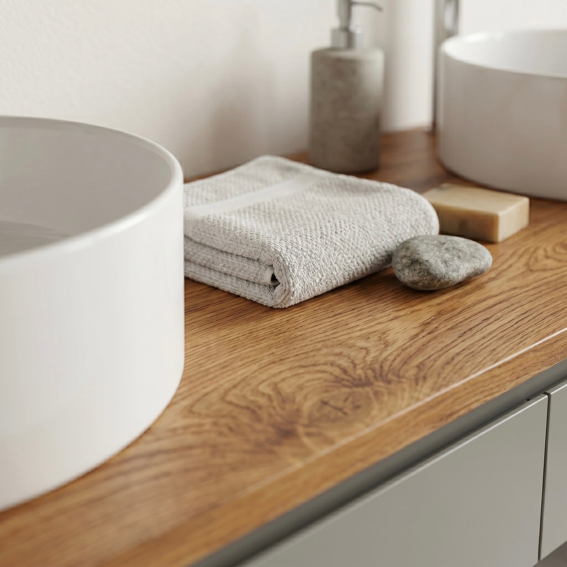 Detailaufnahme der Eichenholzoberfläche des Linea Soft Duo Waschtischs mit Handtuch, Seife und weißem Aufsatzwaschbecken im Hintergrund