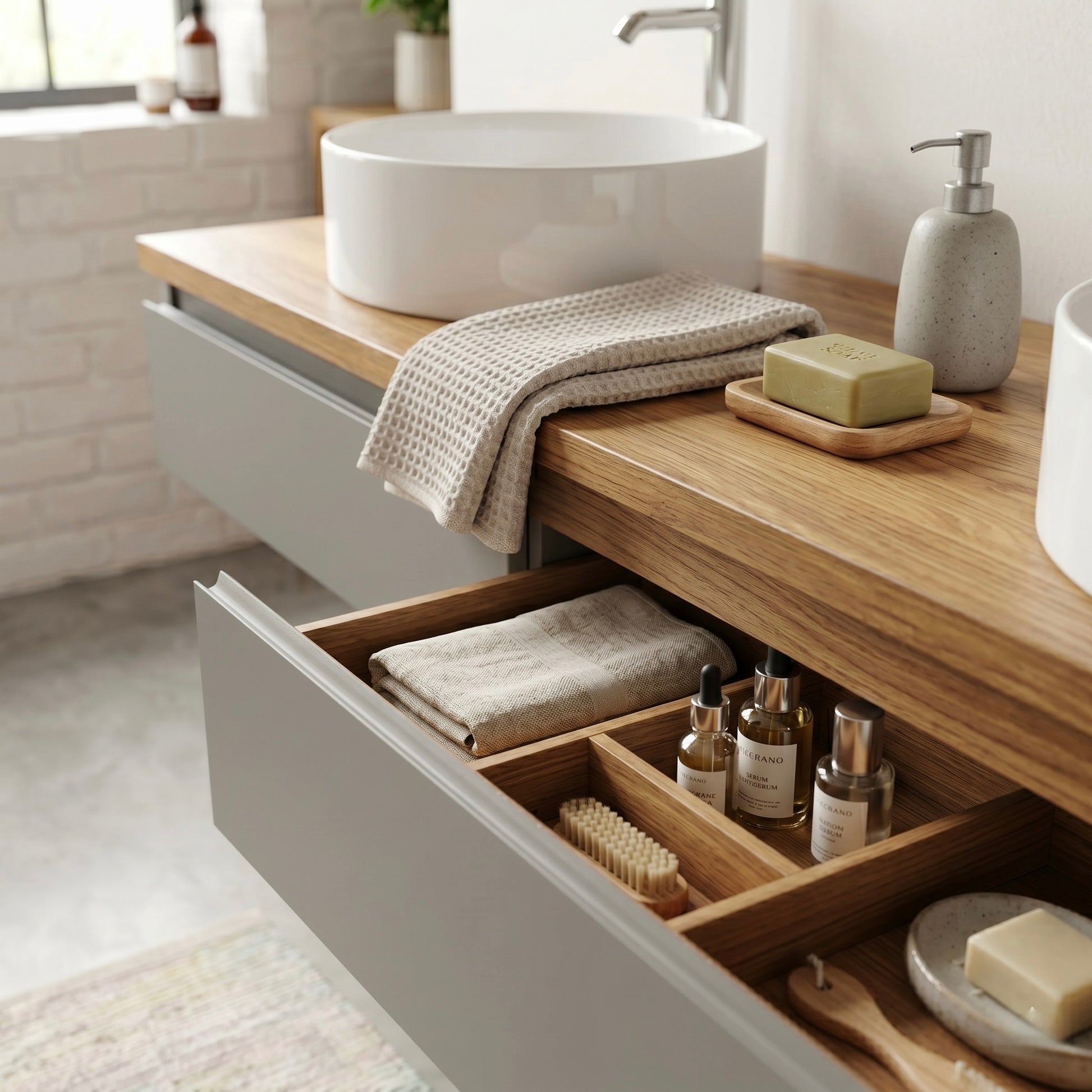 Detailaufnahme des Linea Soft Duo Waschtischs aus Eiche mit geöffneter Schublade, organisiertem Stauraum und weißen Aufsatzwaschbecken im Hintergrund